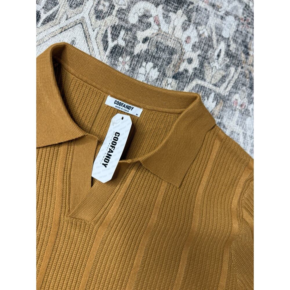 NWT Coofandy Men's Long Sleeve Polo Ribbed Knit Shirt Sz M Burnt Orange Fall - Picture 2 of 7